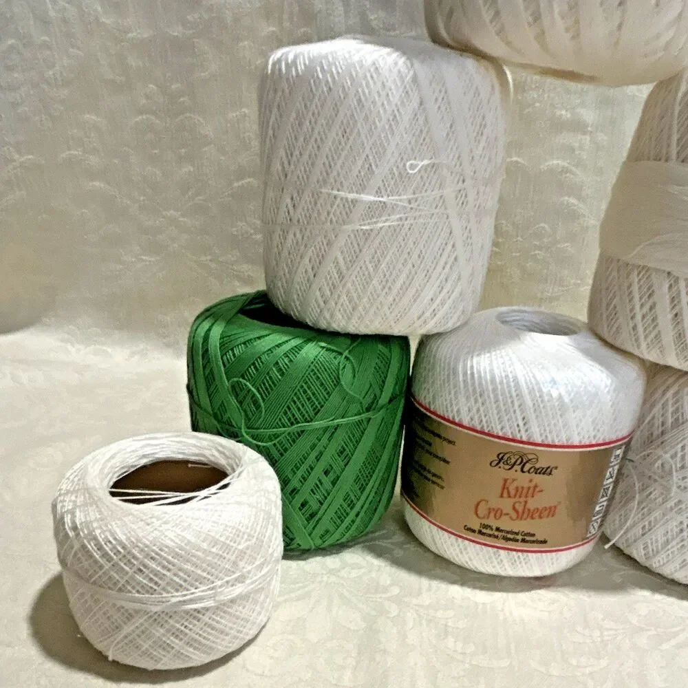 J&P Coats Knit-Cro-Sheen Mercerized Cotton Crochet Thread Craft Lot White Green